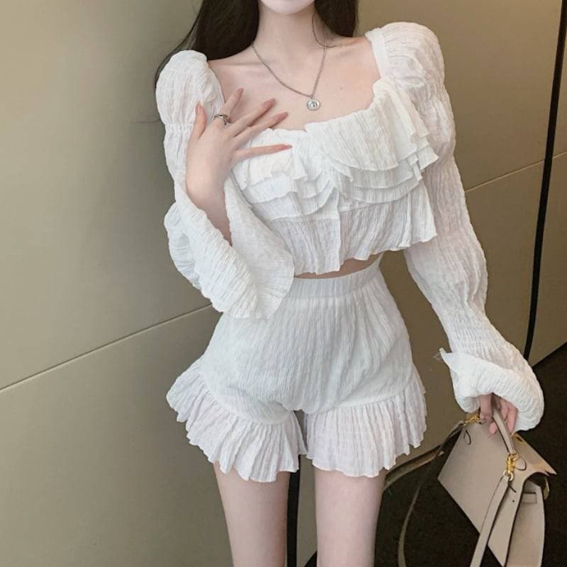 2color レディース セットアップ 長袖 ハーフパンツ ビッグシルエット モノトーン 春夏 春 夏 秋冬 秋 冬 大人可愛い きれいめ エレガント 上品 クラシック レトロ ガーリー 大人女子 マ