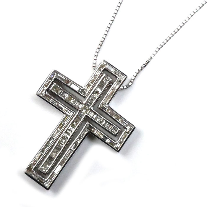 K18WG ホワイトゴールド クロス ダイヤ ネックレス ダイヤモンド0.89ct/0.72ct 10.8g -45cm レディース 中古