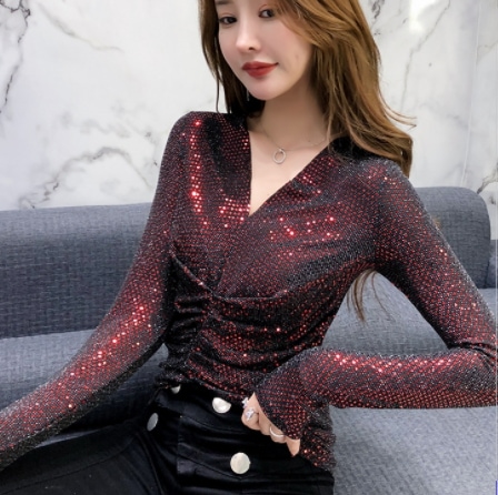 スパンコールVネックトップス トップス カットソー 長袖 Vネック スリム タイト 細身 光沢