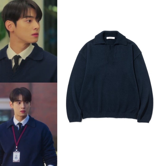 【チャウヌ着用】 オープンカラー リブド カラー ニット NAVY