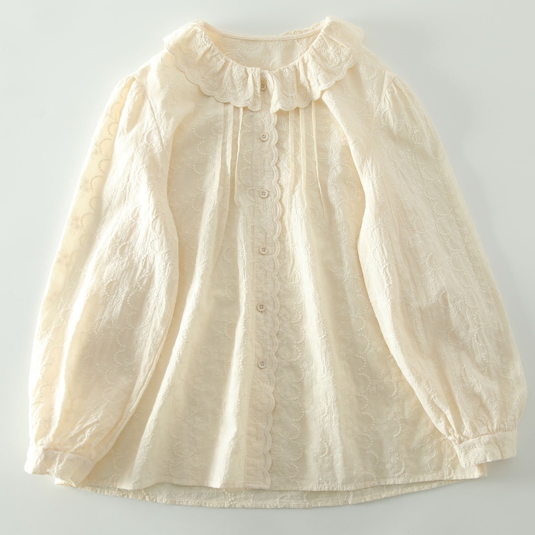 トップス シャツ ブラウス 長袖 襟付き 前開き ボタンミディアム丈 刺繡 レース かわいい 大人可愛い きれいめ シンプル 上品 おしゃれ かっこいい カジュアル こなれ感 個性的 主役級 存在感