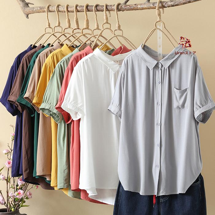 シャツ 半袖 シャツブラウス レディース 春夏 レディース トップス 半袖 コットン 無地 綿シャツ 白シャツ トップス 大きいサイズ ゆったり 体型カバー オフェス