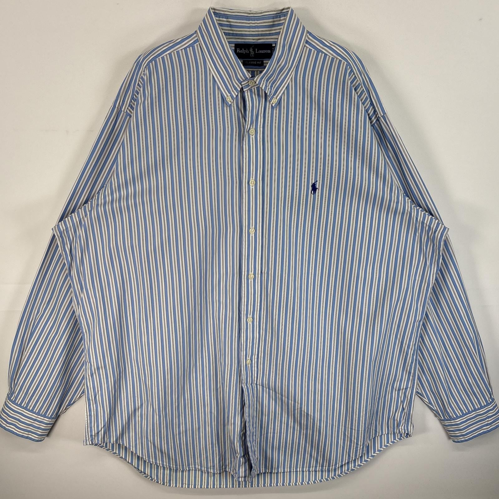 古着 長袖シャツ ロゴ 刺繍 大きいサイズ ボタンシャツ 17 1/2 XL ブルー系 ストライプ メンズ