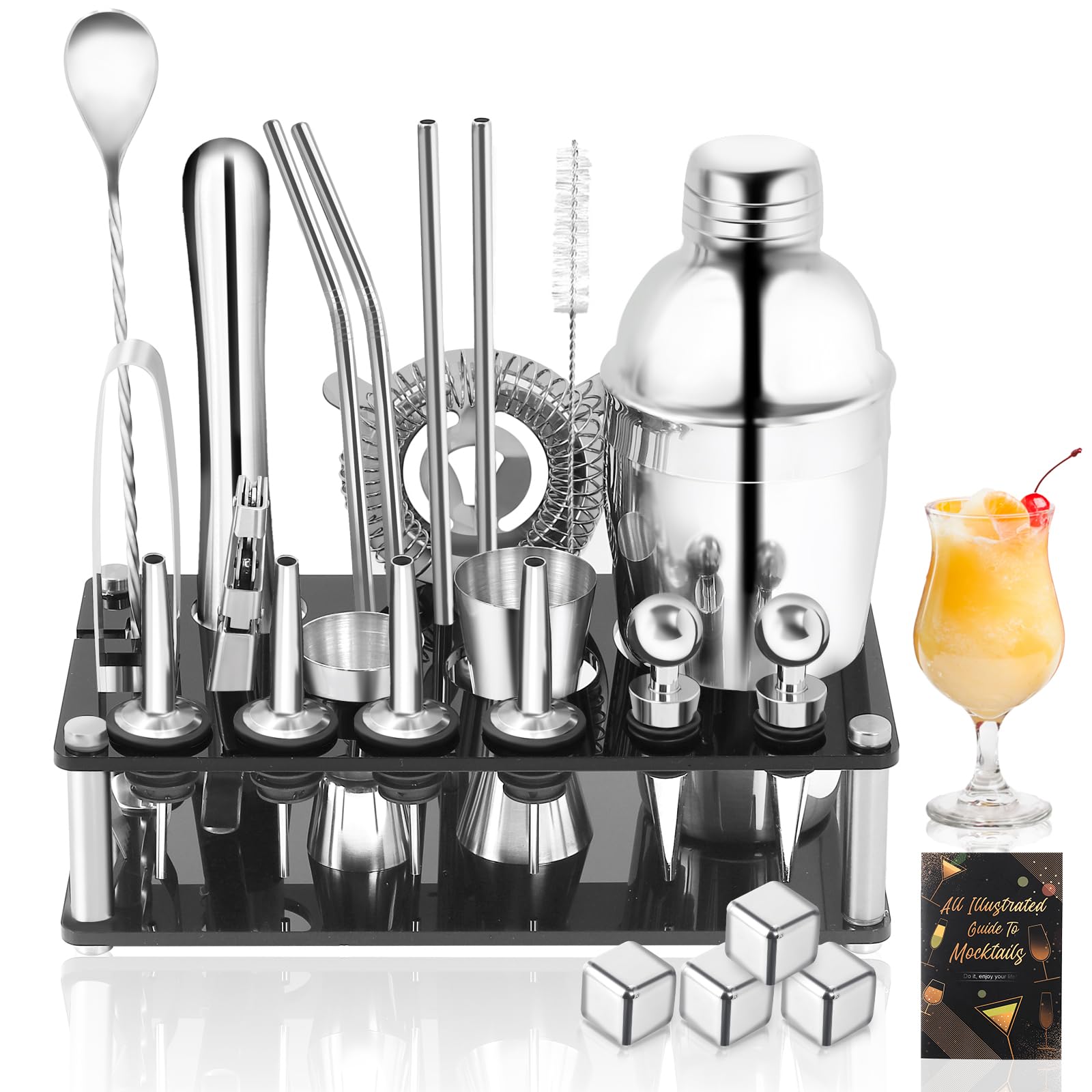 WOMLEX カクテルシェイカー 24点セット カクテル バーテンダー バーセット ステンレス 550ml 初心者用 業務 自宅用 (550ml, シルバー)