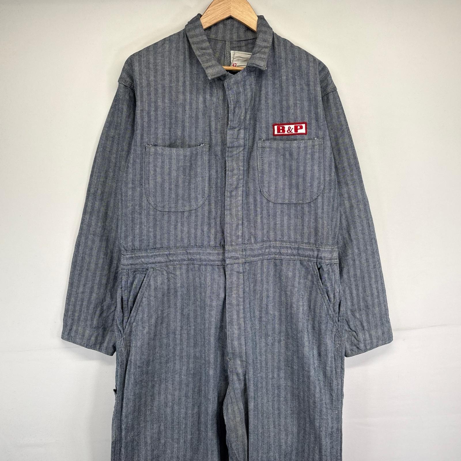 古着 長袖つなぎ ヘリンボーン オールインワン 大きいサイズ ボタンフライ 作業着 ワッペン 胸ポケット 42 ネイビー系 メンズ