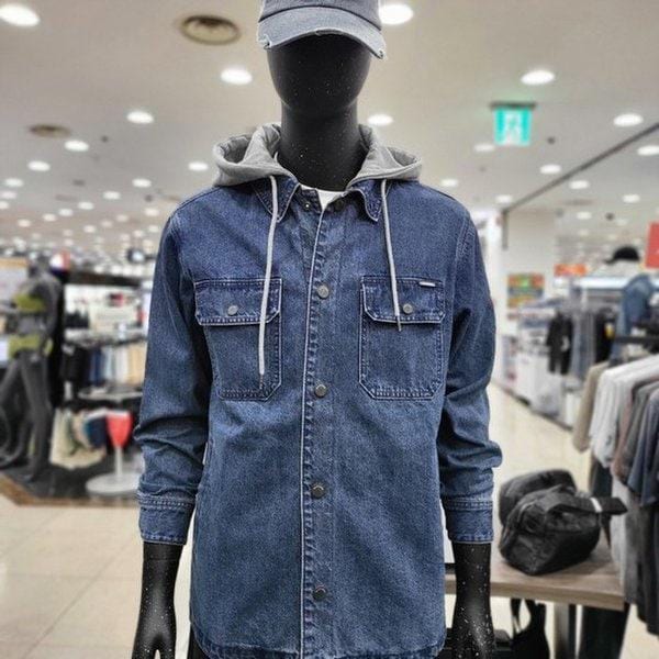 男性フードレイヤードデニムシャツ-DG