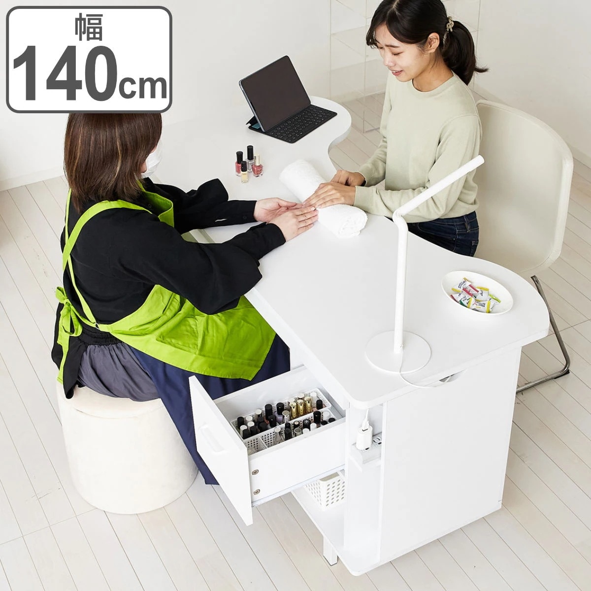 ネイルデスク 幅140cm 引き出し付き ネイル ネイルテーブル デスク コンセント ネイル専用 ネイルサロン 配線穴 コード通し コンパクト 学習デスク 在宅 リモートワーク 作業デスク