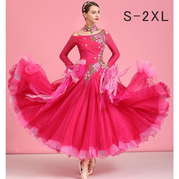 社交ダンス ドレス 社交ダンス衣装 ワンピース 長袖 広がる裾 花柄 豪 レッスン着 発表会 競技着 練習着 演出用 ローズ S M L XL 2XL