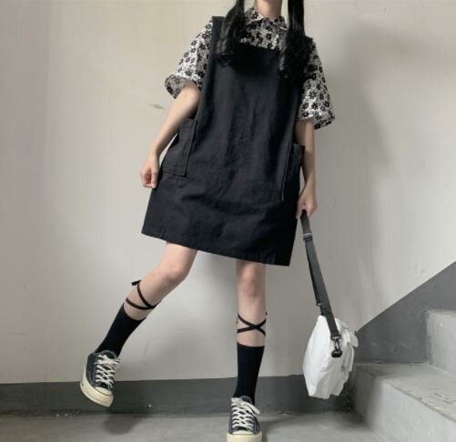 ワンピース ノースリーブ 春夏 かわいい ショート ショート丈 膝上 スクエアネック 襟なし ストレート Iライン 黒 ブラック ワンサイズ ゆったり ゆる かわいい シンプル カジュアル おしゃれ