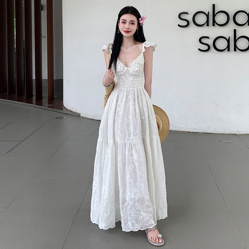 【急速出荷】送.料.無.料.綿糸 刺繍 リゾートVネックレースキャミソールワンピース