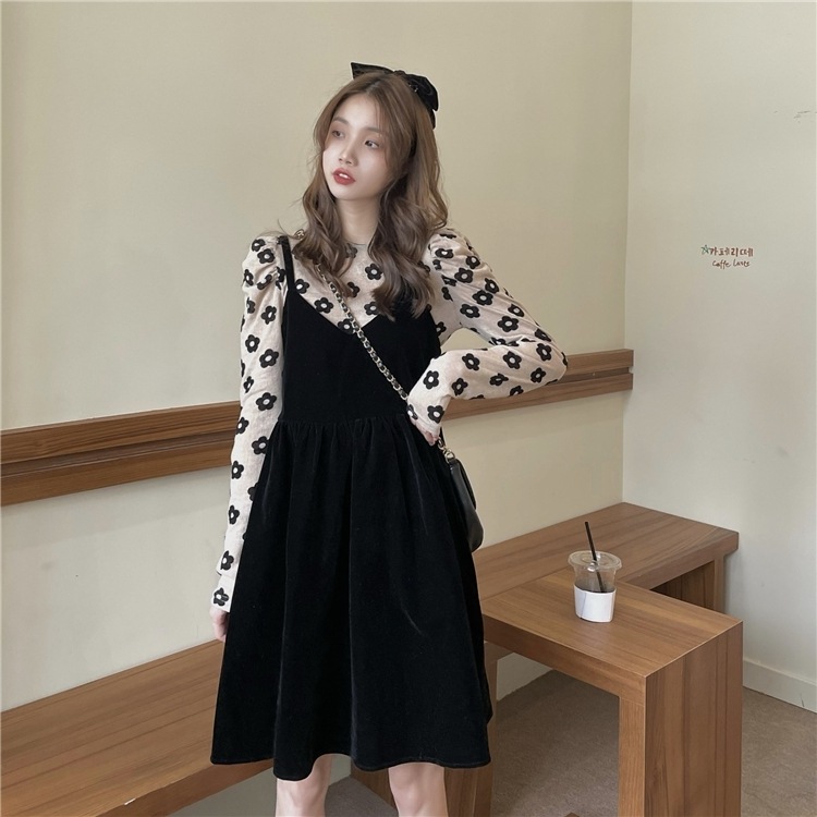 【着用レビュー】セットアップ レディース M L XL 2XL 韓国 トップス ワンピース カットソー キャミワンピース ひざ丈 長袖 フレア 薄手 2点セット かわいい おしゃれ 大人可愛い