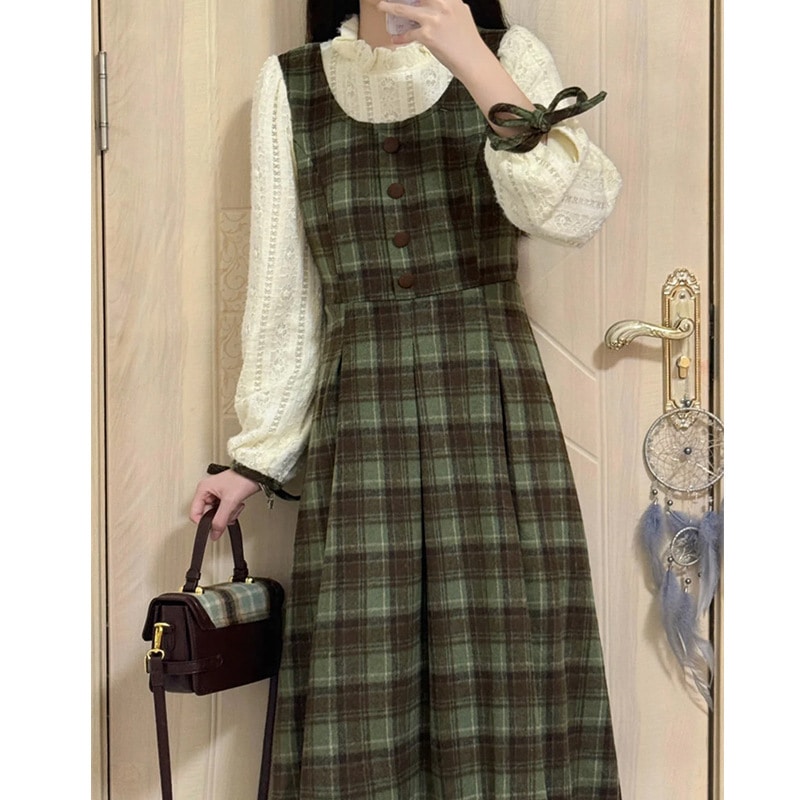 学院風の偽の2件の緑色の格子のワンピースの新型の小柄な人は長いスカートを着て合わせます