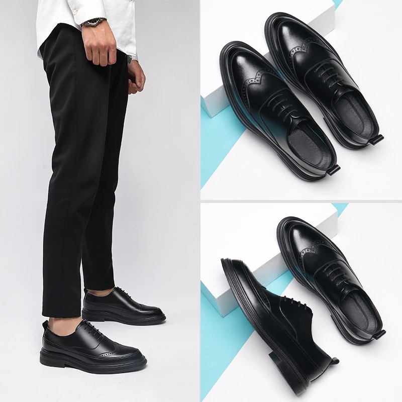 内側の高さが増したメンズビジネスフォーマルシューズブローグ彫刻メンズレザーシューズウェディングシューズメンズ新郎レザーシューズ