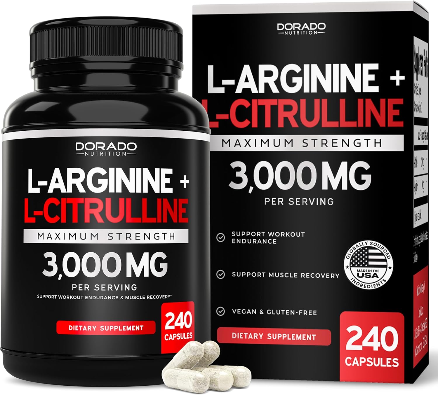 DORADO NUTRITION L Arginine L Citrulline Supplement 3000mg (240 Capsules)