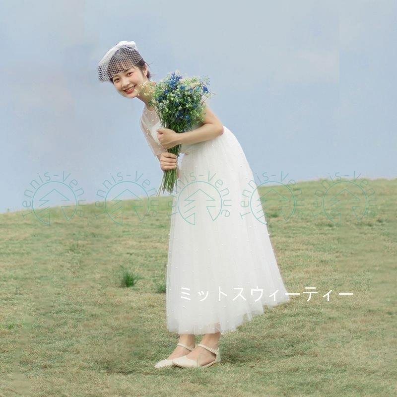 ウェディングドレス Aラインスカート ミモレドレス ホワイト 半袖 結婚式 披露宴 二次会 前撮り