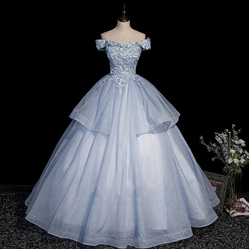 ブルーガーゼプリンセスドレスチュチュスカートソロパフォーマンスドレスアートテストボーカルドレス主催宴会イブニングドレス気質