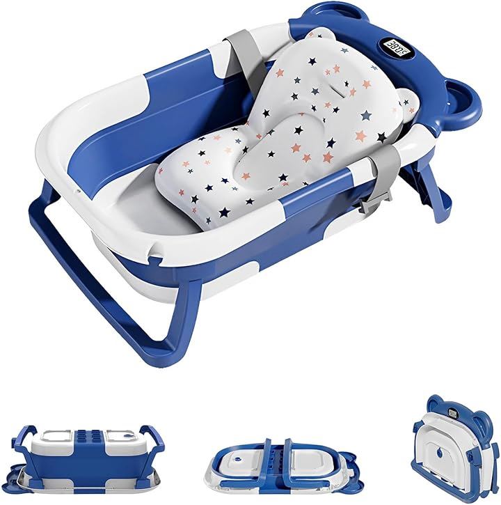 ベビーバス 折りたたみ 湯温計付き 滑り止め バスクッション付き 簡易収納 赤ちゃん お風呂 浴槽 バスタブ 沐浴 シンク 新生児 0～36ヶ月(ブルー)