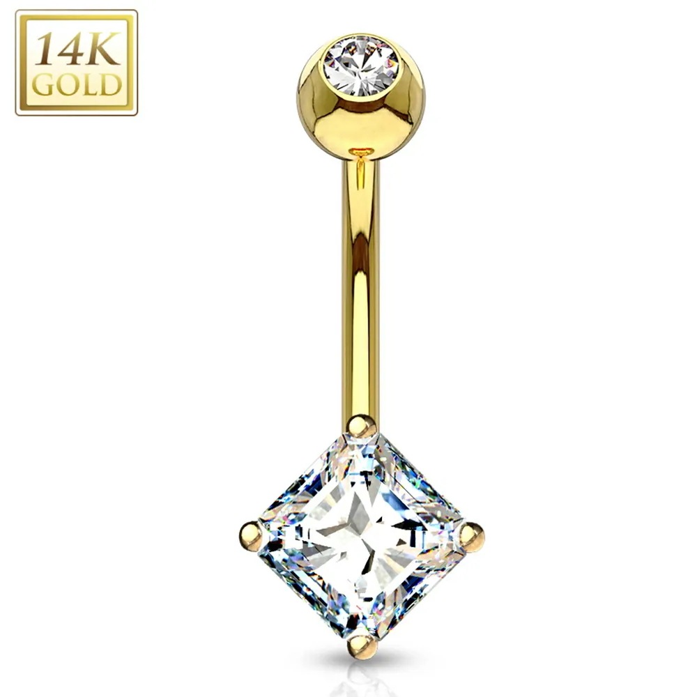 14金 スクエアクリスタル CZ バナナバーベル ボディピアス ゲージ14G 刻印あり 本物のイエローゴールド 臍へそ ネイブル カーブ 高級 ギフト プレゼント 四角形 14kbn-0000004