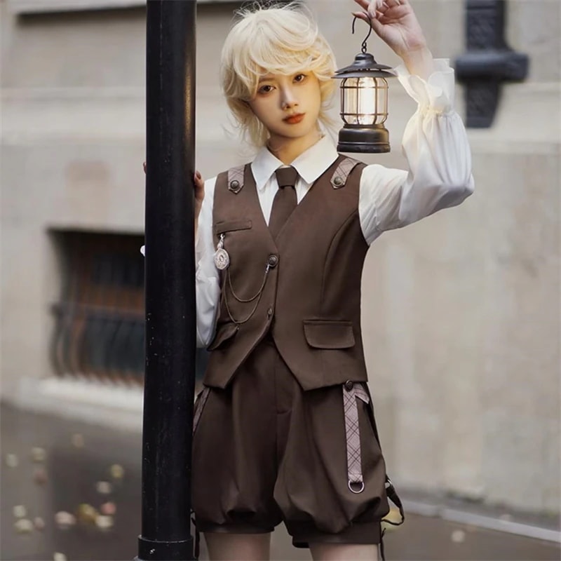 【快速出荷】ロリータ セットアップ 復古cla系 王子系 皇子系 探偵 コスプレ シャツ ベスト サスペンダー キュロットパンツ 少年装 レトロ おしゃれ ゴスロリ