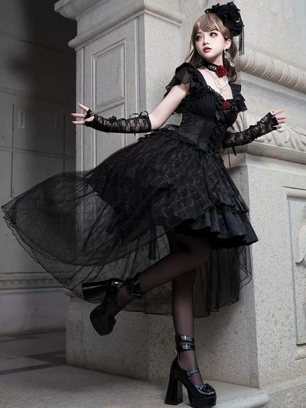 ワンピース ロリータ ハロウィン 魔女風 ビッグリボン ウイッチ 魔法使い 花嫁風 フィッシュテール レディース ゴスロリ ハイウエスト Aライン 半袖 フリル 暗黒風 ロリィタファッション ロリータ