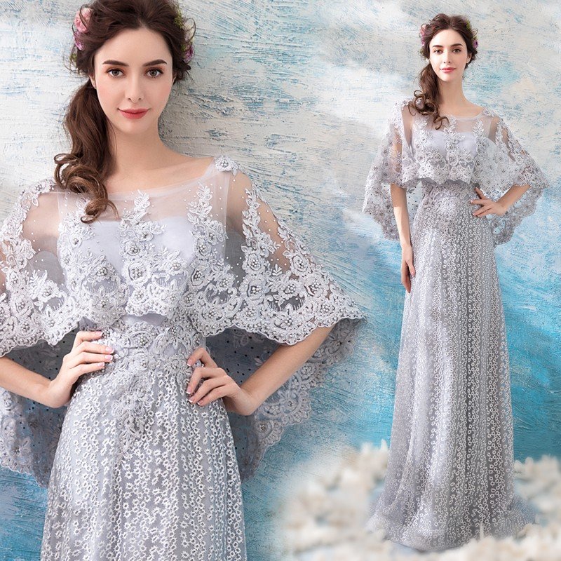 ロングドレス 安い カラードレス グレー 結婚式 袖あり パーティー 二次会 イブニングドレス 演奏会 カクテルドレス ウエディングドレス フォーマル 発表会