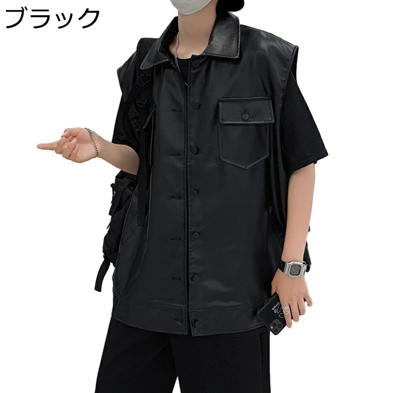 革ジャン レザーベスト ビジネスベスト メンズ 袖無し ライダースベスト バイクチョッキ 春秋用 ポケット付き 着痩せ 前開き ジレ お洒落 軽量 薄手 カジュアル ライダース シンプル アウター