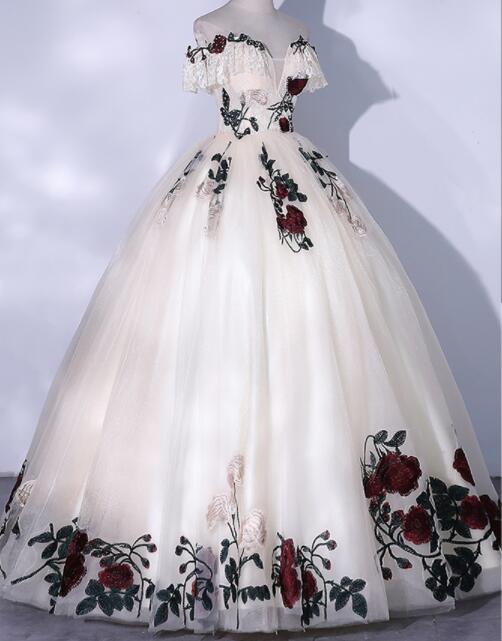 パーティードレス　ロングドレス　演出服　ウェディングドレス　オフショルダー　披露宴　花柄　花嫁　上品