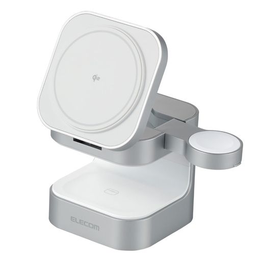 エレコム Qi2 充電器 ワイヤレス 15W 3in1 Apple Watch 認証モジュール付き スタンド型 シルバー EC-MS09SV