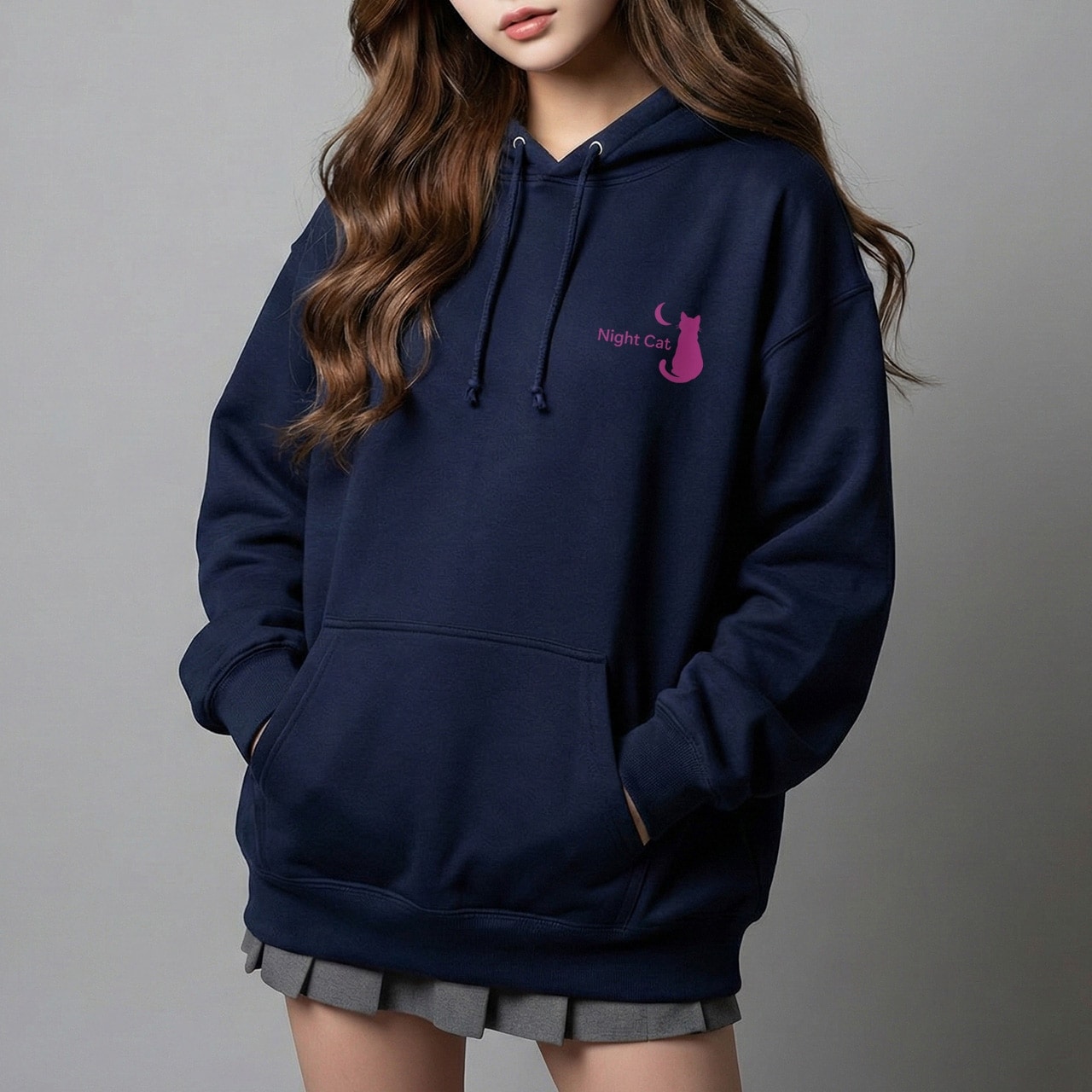 【Night Cat】ロゴ入り スウェットプルオーバーパーカー 10oz 裏パイル（ネイビー／ピンクロゴ） 猫 ロゴ かわいい カッコいい クール ストリート 韓国 ファッション