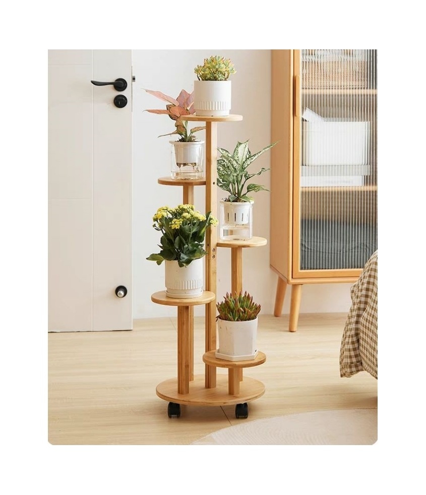 【3日で出荷】フラワースタンド 花台 プランタースタンド 5階 園芸ラック キャスター付き 観葉 植物 天然竹製 花台 植木鉢台 安定させる 北欧 バルコニ