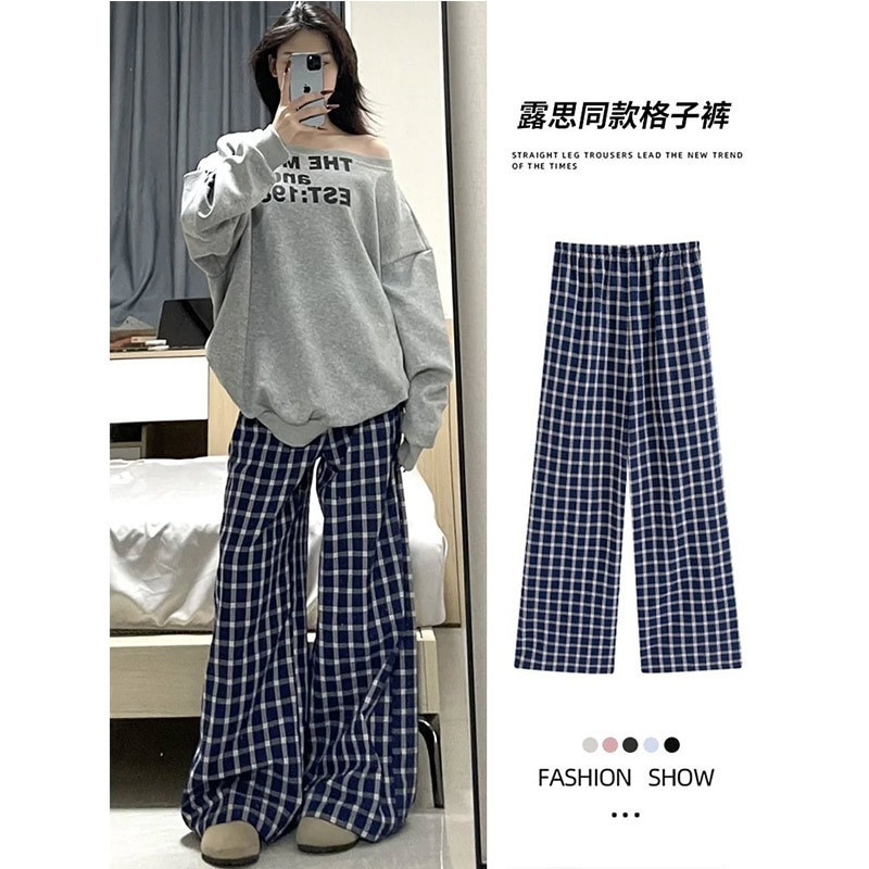 ブルーチェック柄ワイドレッグパンツレディース春夏2025ハイウエスト小さいサイズゆったりレイジースタイルルーシ同スタイルパンツ