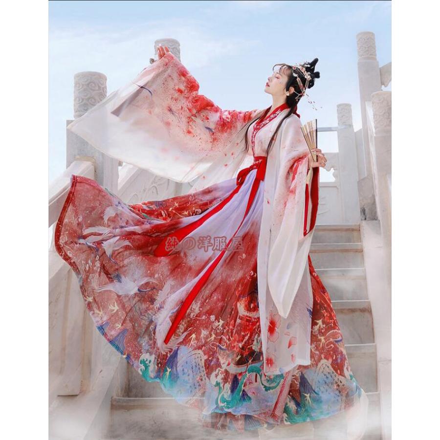 3色 豪華4点セット漢服　グラデーション中華風コスプレ衣装　レディース鶴プリント中国伝統古典唐装豪華チャイナドレス 中華コスプレ衣装イベント演出衣装二次30%までに制限