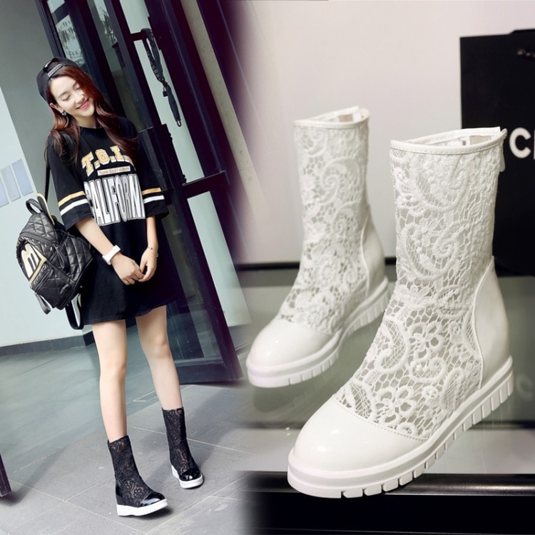 サマーブーツ レディース レース クリーム 37 即納 黒 白 22cm-26.5cm エナメル 夏ブーツ 3634108 メッシュ ショートブーツ 34-43