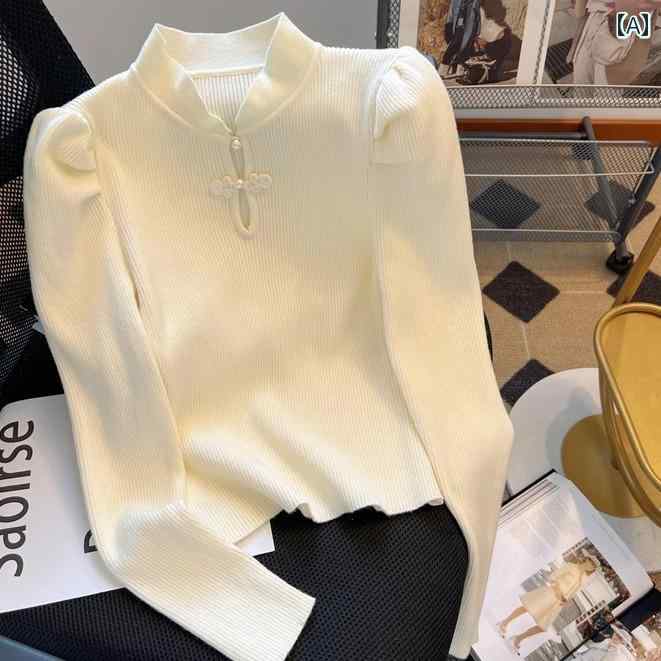 パフスリーブ 長袖 ニット 襟 セーター レディース 秋冬 トップス ぽわん 袖 ふんわり きれいめ プルオーバー ボタン付き 白 黒 カーキ―