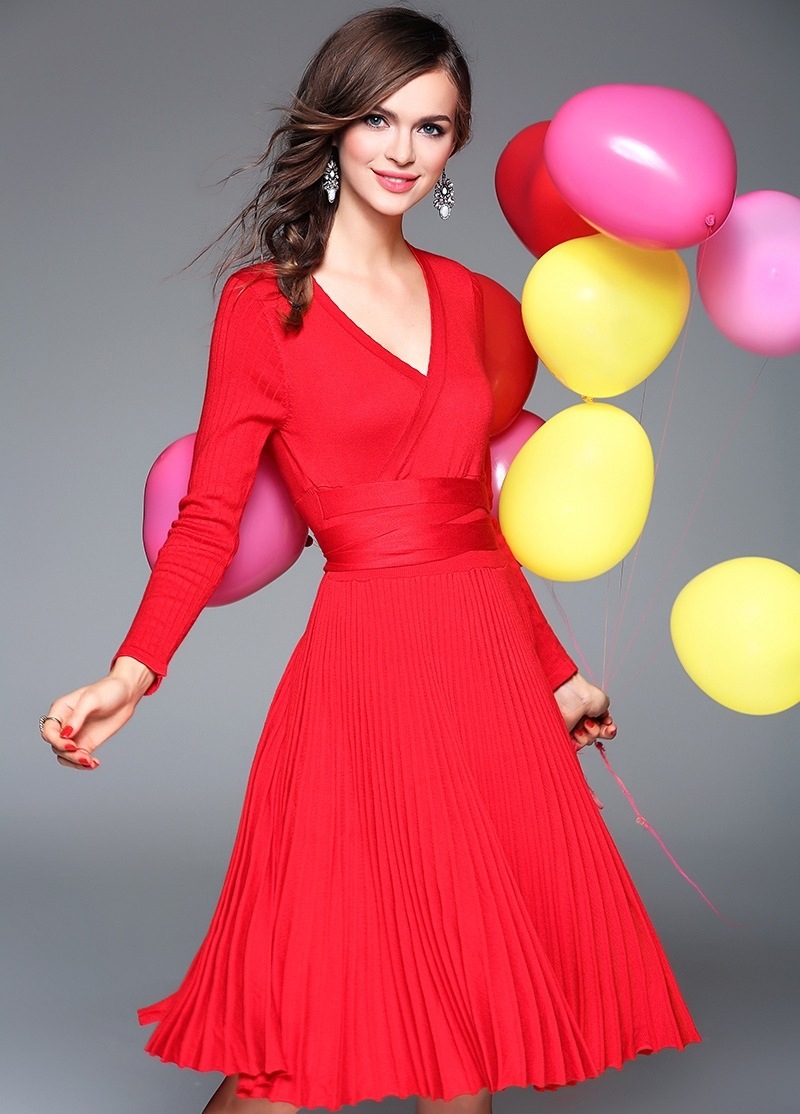 1680.カシュクールプリーツワンピース（レッド） 2019 春夏 sale 春夏 sale お呼ばれ フォーマル 通勤 通学 レストラン お出かけ