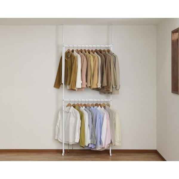 ハンガーラック つっぱり 白 洋服掛け おしゃれ 身支度ラック クロムメッキ 省スペース 上下2段 ダブル 突っ張り 幅97.5cm