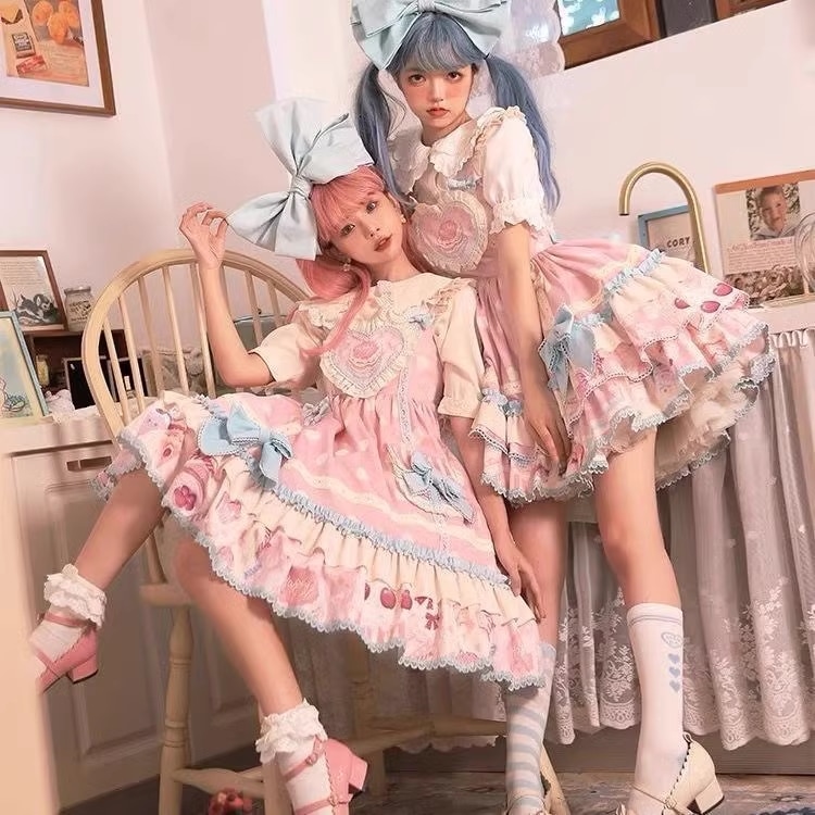 コスプレドレスロリータスカートワンピースフロストスイートハートjskプリンセスドレスピンクブルーハイウエスト可愛いロリータドレス