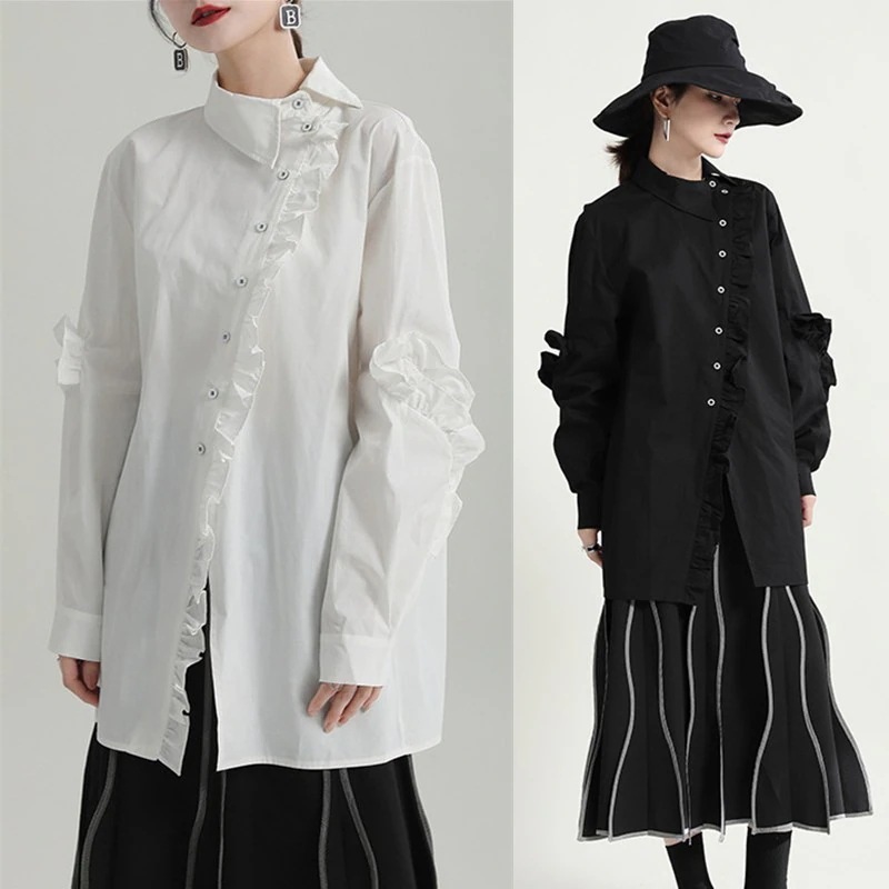 【J.Fashion】フリル 長袖 ブラウス 春秋 非対称 体型カバー チュニック レディース ロングシャツ カシミヤタッチ 日焼け止め メガ割30%までに制限