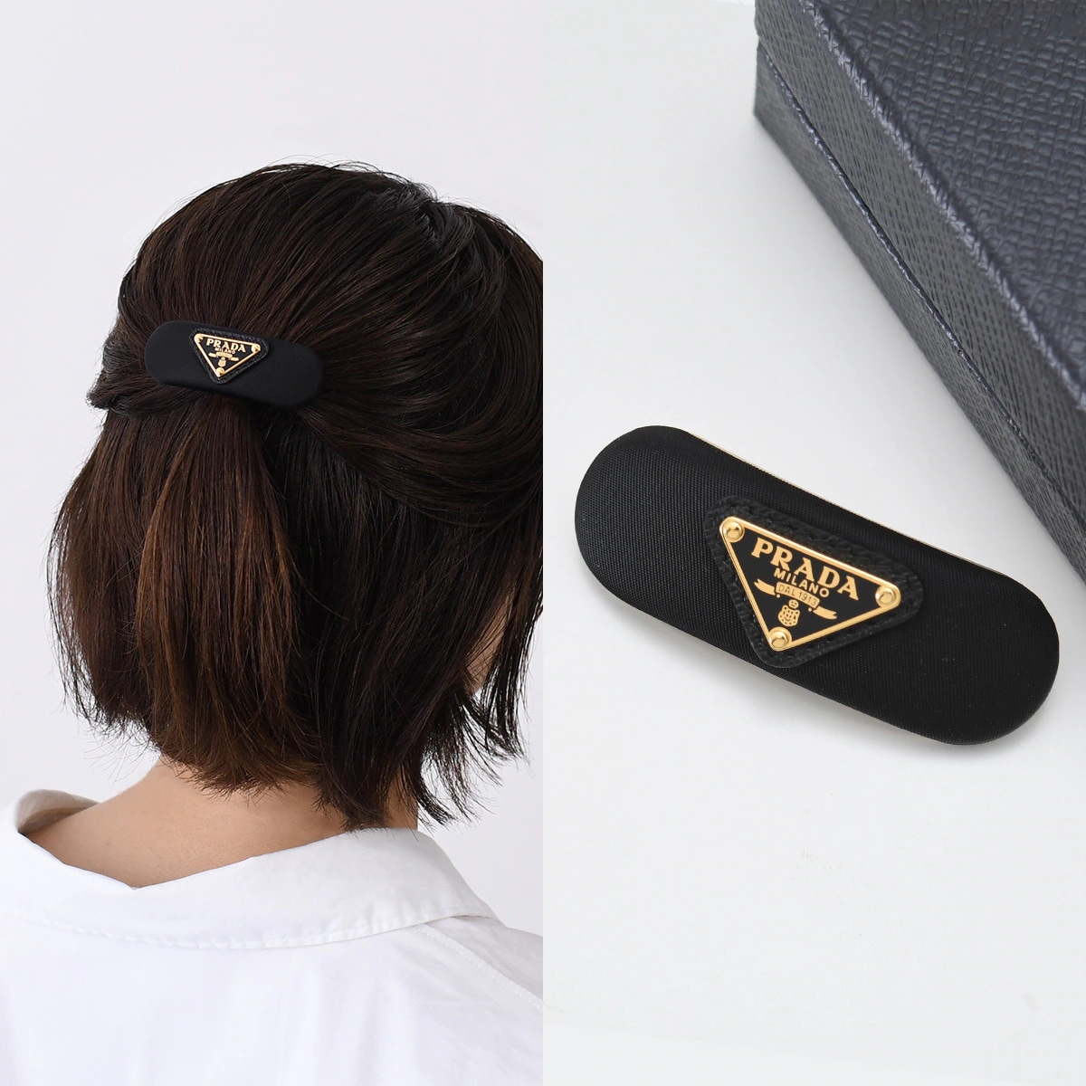 ヘアクリップ バレッタ ヘアアクセサリー Re-Nylon リナイロン 1IF129 2DMI レディース ブラック ゴールド クリップ トライアングルロゴ シンプル