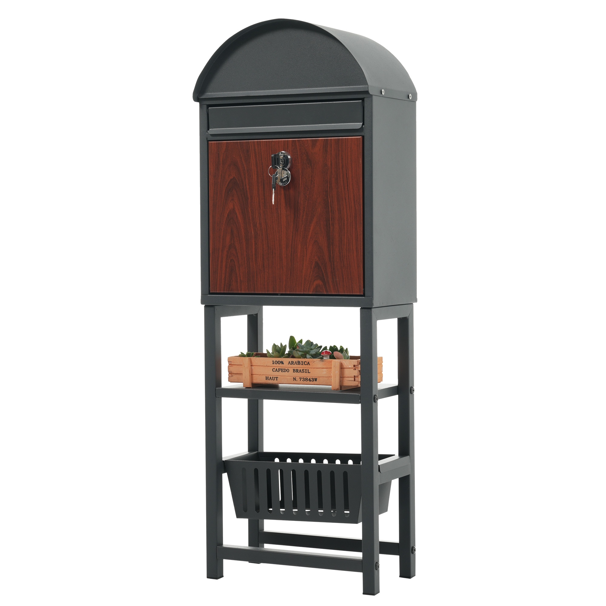 【国内へ発送&送·料·無·料】517置き型 スタンド かご付きポスト鍵付き メ一ル便·A4対応 ポスト 北欧 一戸建て用 スタンドポスト メールボックス A4対応 新聞受け 高級【ダークグレー+木目】