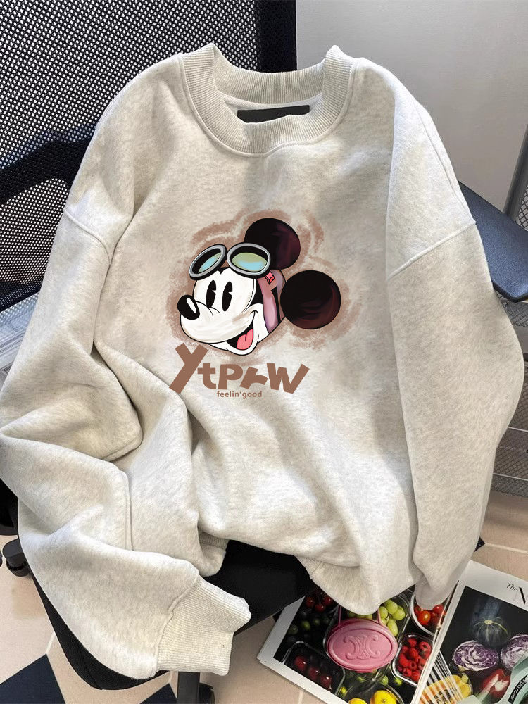 ２点で13o円OFF！【最安値挑戦】 2024年モデル純綿450g重ポンド狐パイル丸襟ガーディアン女性アメリカレトロ漫画ミッキー花灰色秋冬上着潮