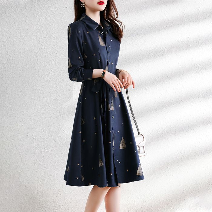 スカート ワンピース シャツワンピ ロングスカート シャツワンピース 膝丈 ひざ丈 ミドル ミドル丈 袖あり 長袖 プリント 襟付き Aライン 切り替えデザイン 前開き 大人可愛い きれいめ シンプル