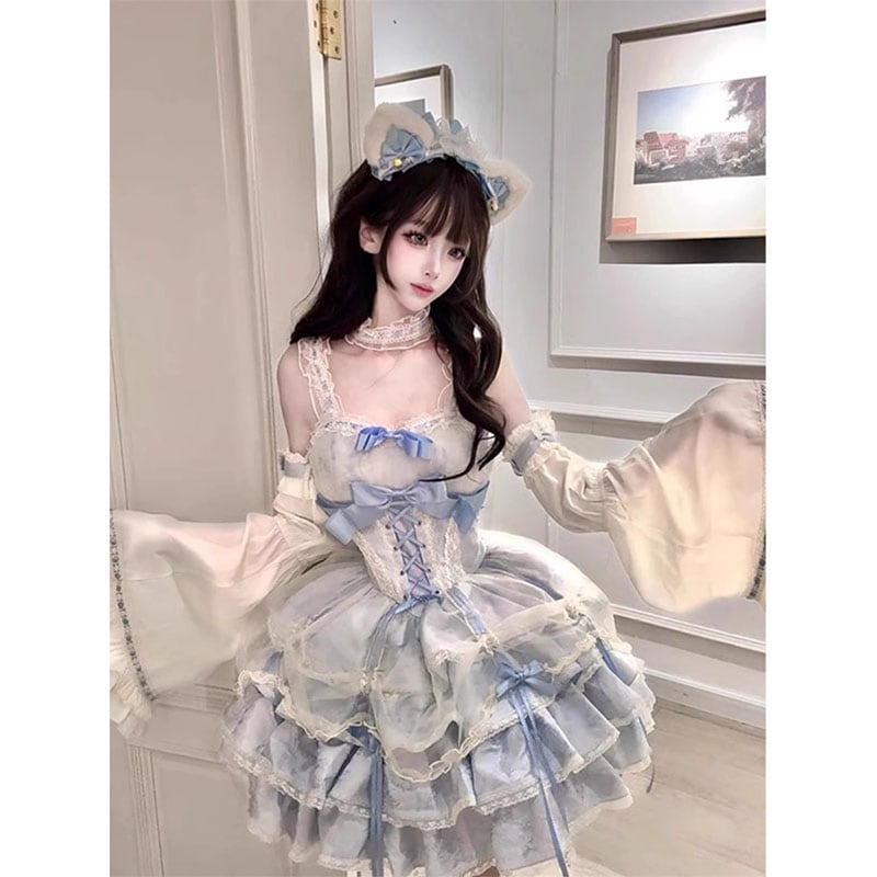 コスプレドレスロリータスカートワンピース甘くてスパイシーで優しいバレエ誕生日ロリータドレスレディースブルーロリータサスペンダーチュチュスカート