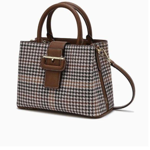 AK Bundang店 ブラウン レザー配色 ハウンドトゥースチェック トートバッグ DCBA4F615W2