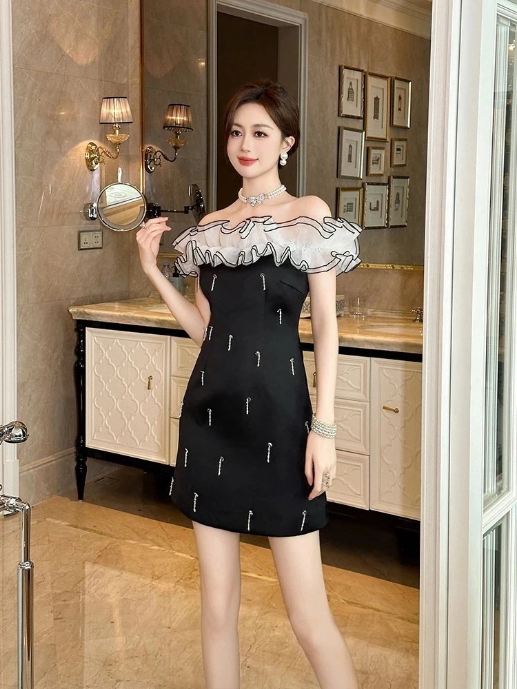 【JY.上品】 2025夏新品 フリル オフショルダー ショート ワンピース ドレス パーティードレス着痩せ 大人 同窓会 披露宴 卒業式 結婚式 演奏会 ウェディング 二次会 メガ割