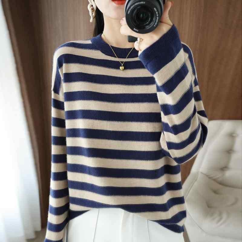 ファッション 服 オシャレ カワイイ シンプル 大カワイイ サイズ 婦服 秋 セーター プルオーバー ラウンドネック ストライプ ニット ウール