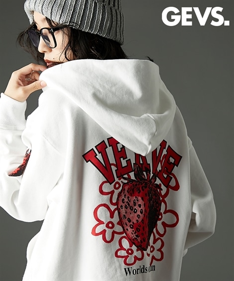 パーカー 綿100％ストロベリープリントジップアップパーカー 大きいサイズ有 GEVS.