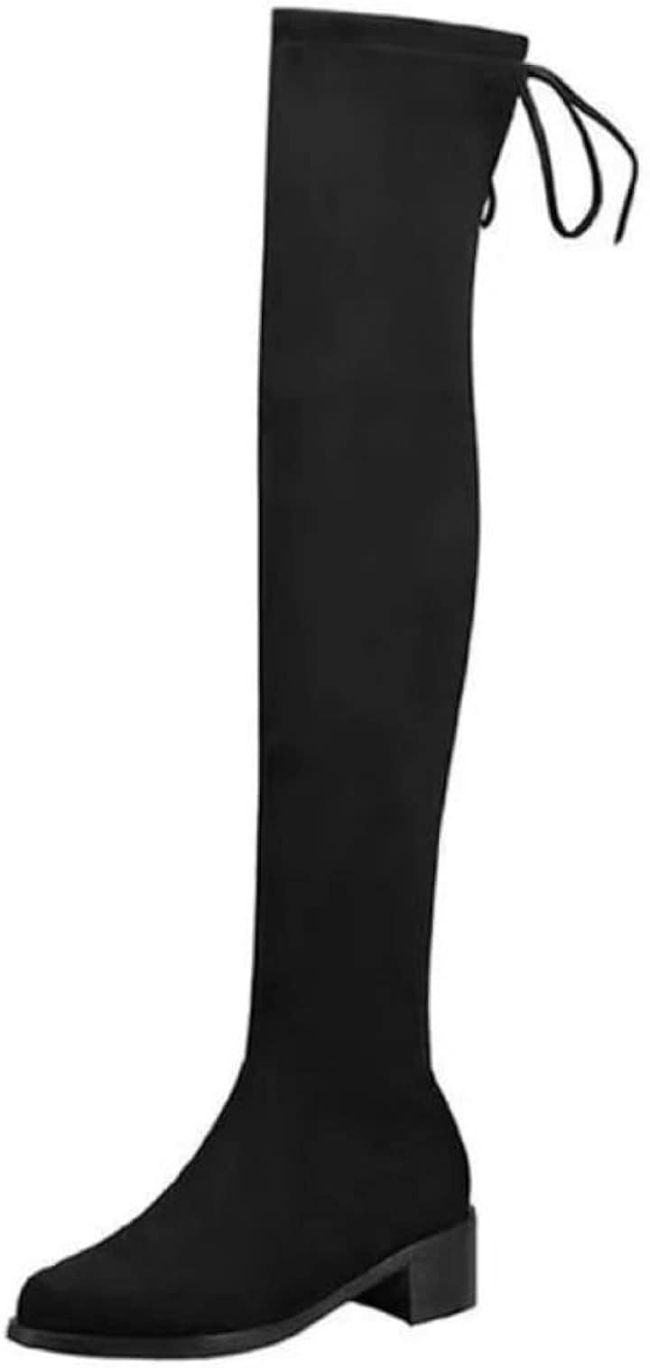 ぴゅありぼん 大きいサイズ ベルベット ローヒール ニーハイブーツ 美脚ブーツ レディース ロングブーツ( ブラック, 20.5 cm)