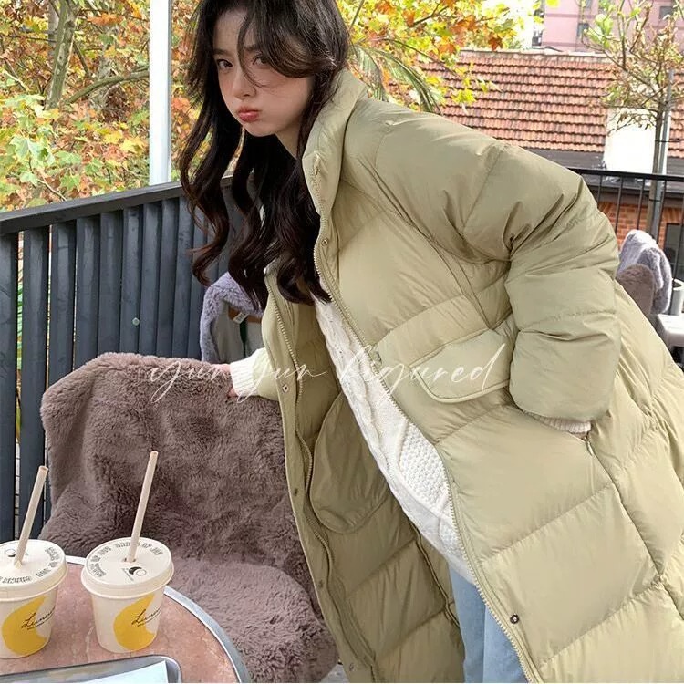 レディースダウンジャケットミドル丈オーバーニー2025新作韓国風スタンドカラーゆったりハイエンドホワイトダックダウンジャケット冬服トレンド