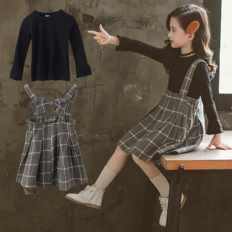秋新品新作大きいサイズ 韓国版長袖キッズデニムのスウェットつり革潮童服セット上下セット上着+スカート 美しい 最高の品質
